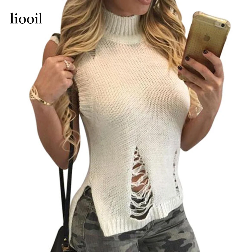 Image Liooil Hole New Sweater T Shirts 2017 Summer Sleeveless Turtleneck Fashion Knitted Women Tops Hollow Out Irregular T Shirt