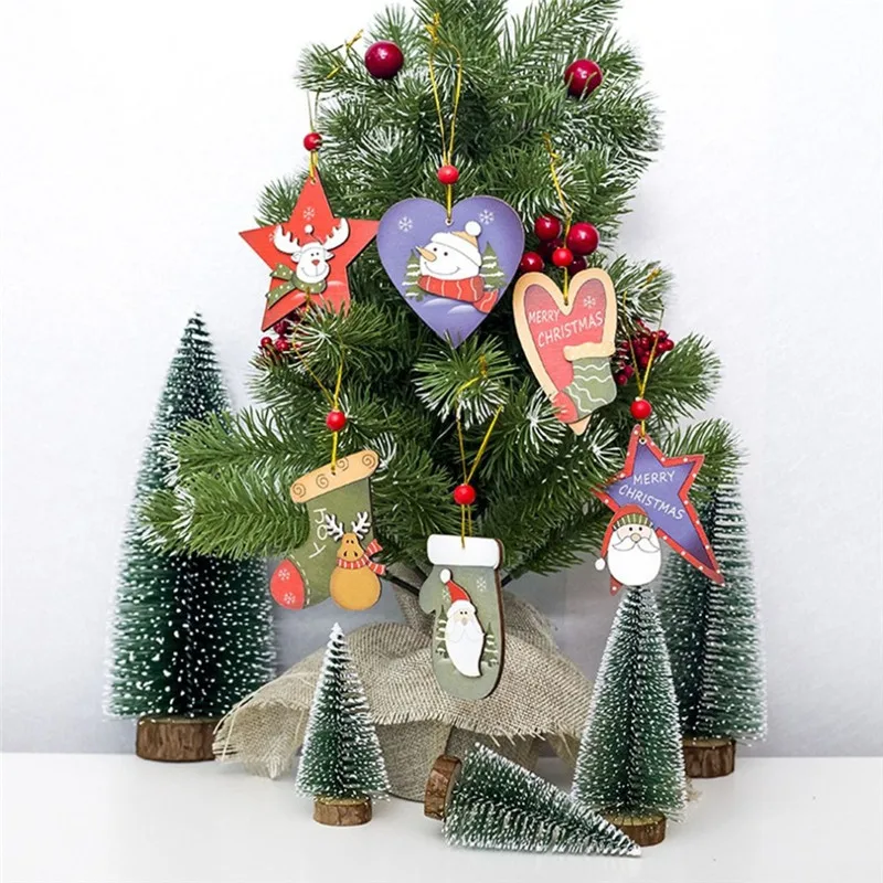 Christmas Tree Red Beads Wooden Pendant Creative Santa Snowman