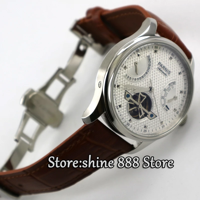 Parnis 43mm power reserve white dial Brown strap deployant clasp movement ST2505 Automatic movement Men's watch
Parnis 43mm power reserve white dial Brown strap deployant clasp movement ST2505 Automatic movement Men's watch