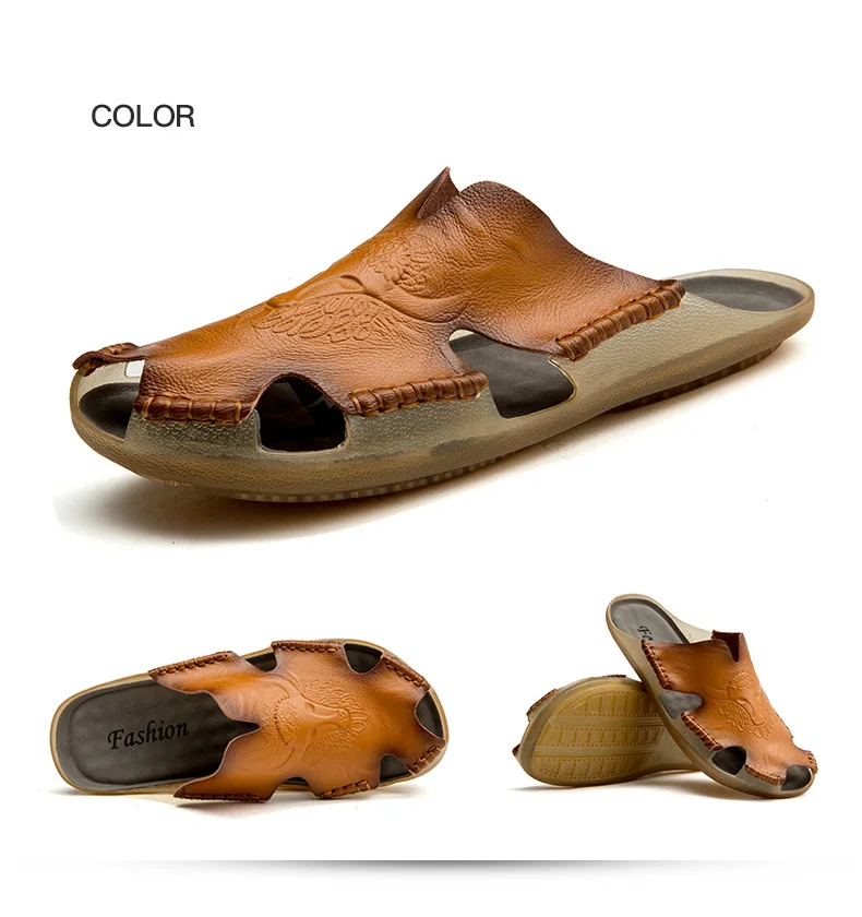 Summer Breathable Men's Sandals Soft Leather Casual Shoes Comfortable Flats Man slippers Roman Style Beach Sandals 31