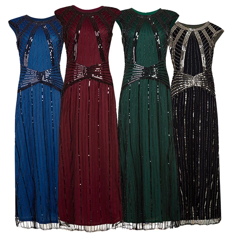 Женское винтажное платье 1920s длинное Сетчатое с блестками и О-образным вырезом |