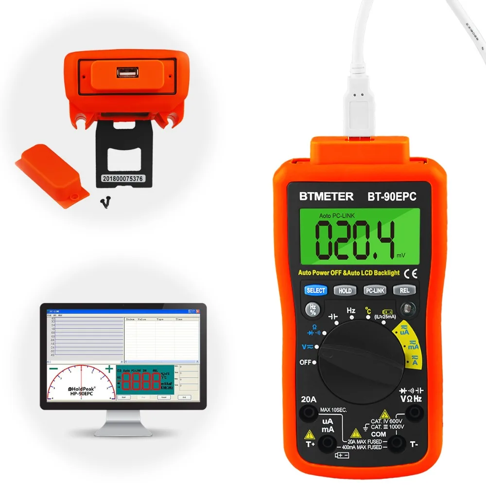 BT-90EPC Digital Multimeter Auto Range 4000 Counts AC/DC Voltage Meter Tester for Resistance Capcitance Frequency with USB
BT-90EPC Digital Multimeter Auto Range 4000 Counts AC/DC Voltage Meter Tester for Resistance Capcitance Frequency with USB