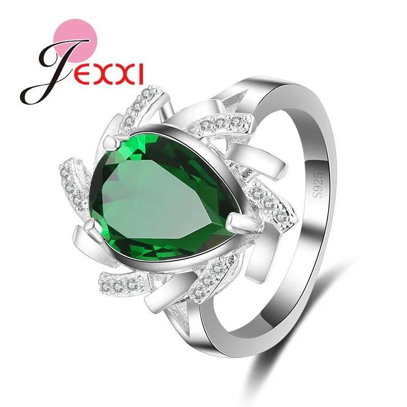 

High Quality Woman Wholesale 925 Sterling Silver Needle Rings Clear Green Austrian Crystal Fashion Water Tear Drop Jewelry