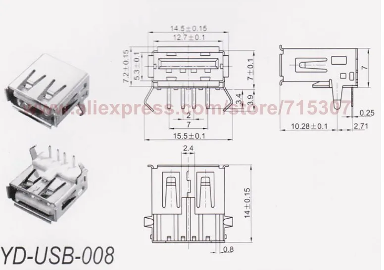 20pcs usb female socket usb-a type 2.0 micro usb connector right angle horizontal 3
