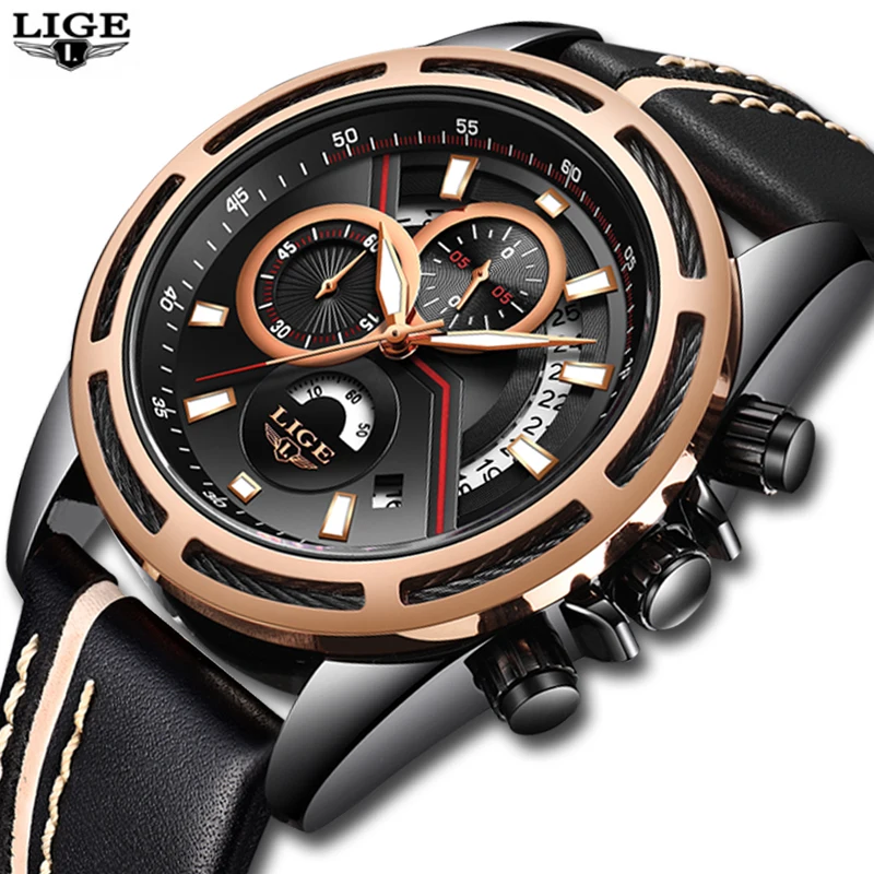 LIGE fashion luxury men's watch casual rose gold quartz watch men's leather military waterproof sports watch Relogio Masculino 
LIGE fashion luxury men's watch casual rose gold quartz watch men's leather military waterproof sports watch Relogio Masculino