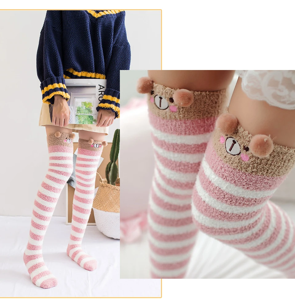 2019 New Winter Coral Velvet Knee Pads Ladies Cute Comfortable Thick Warm Towel Leggings Women's Stockings Striped Sleeping Sock (15)