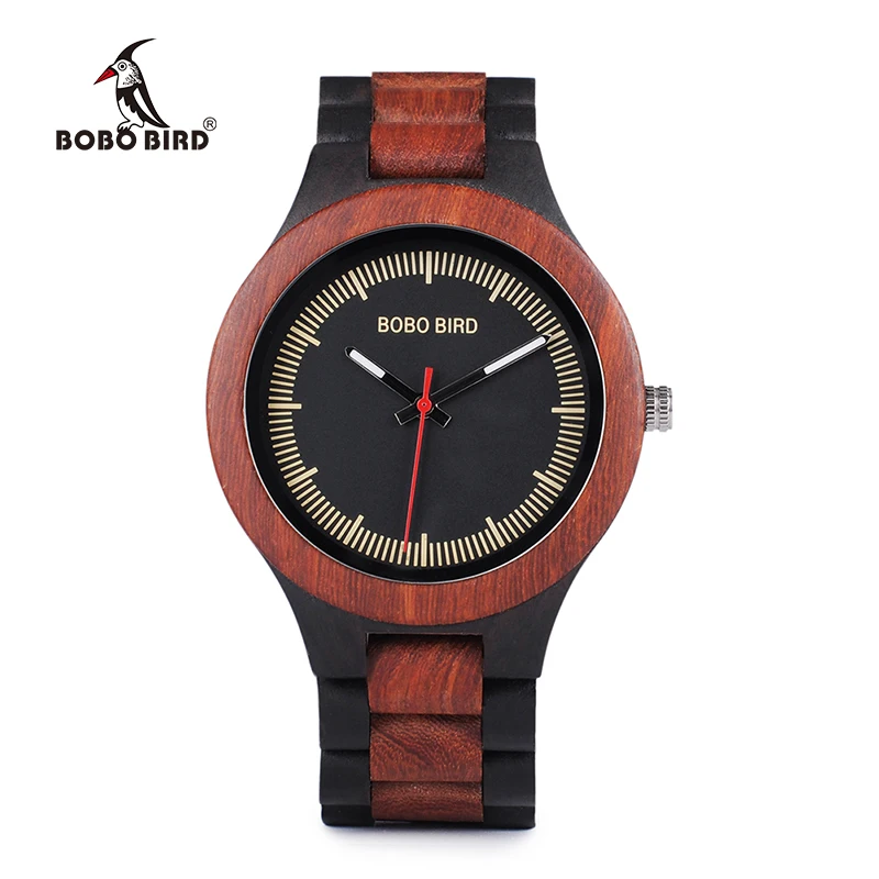 BOBO BIRD WO01O02 Wood Watch Ebony RedWood Pine Wooden Watches for Men Two-tone Wood Quartz Watch with Tool for Adjusting Size 29