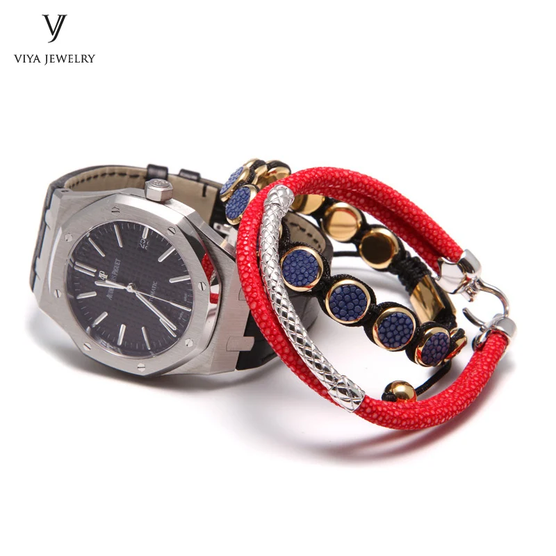 Handcrafted Luxury Custom Stingray Silver Bracelets Two hand-wrapped Stingray leather cords Men Bracelet With Pure Silver Clasp-VSST-03 (9)