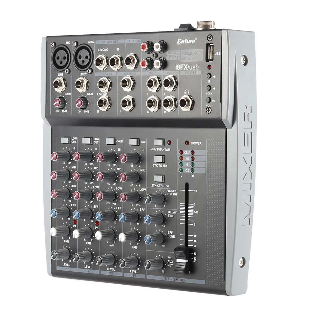 

8 Channels 3-Band EQ Audio Music Mixer Mixing Console with USB XLR LINE Input 48V Phantom Power for Recording DJ Stage Karaoke