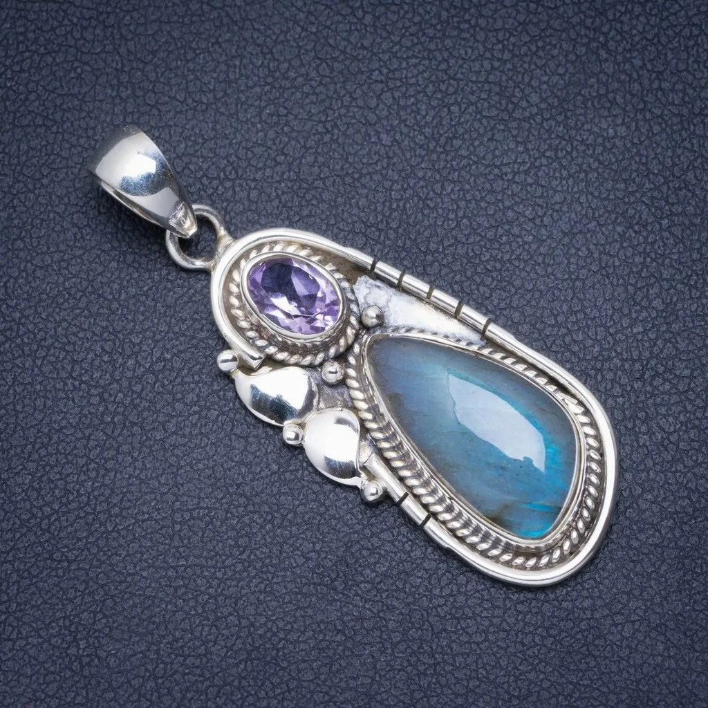 Natural Blue Fire Labradorite and Amethyst Handmade Unique 925 Sterling Silver Pendant 1.75" A0081
Natural Blue Fire Labradorite and Amethyst Handmade Unique 925 Sterling Silver Pendant 1.75" A0081