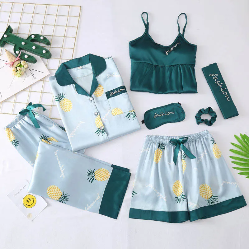 Seven-piece pajamas women autumn ice silk sexy strap chest pad suit spring and autumn pineapple thin section home service
Seven-piece pajamas women autumn ice silk sexy strap chest pad suit spring and autumn pineapple thin section home service