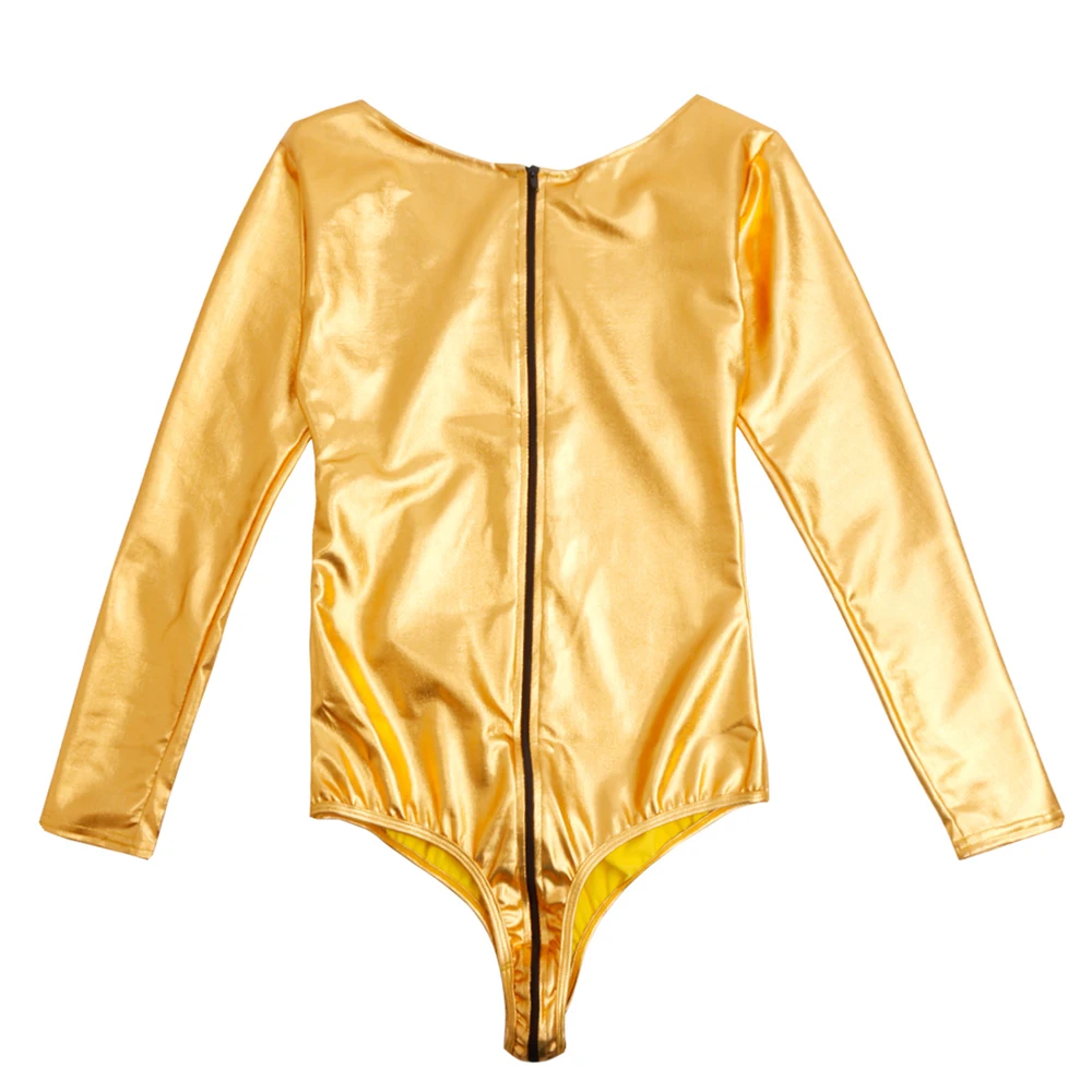 Fashion Womens Wetlook Bodycon Patent Leather Leotard Bodysuit With