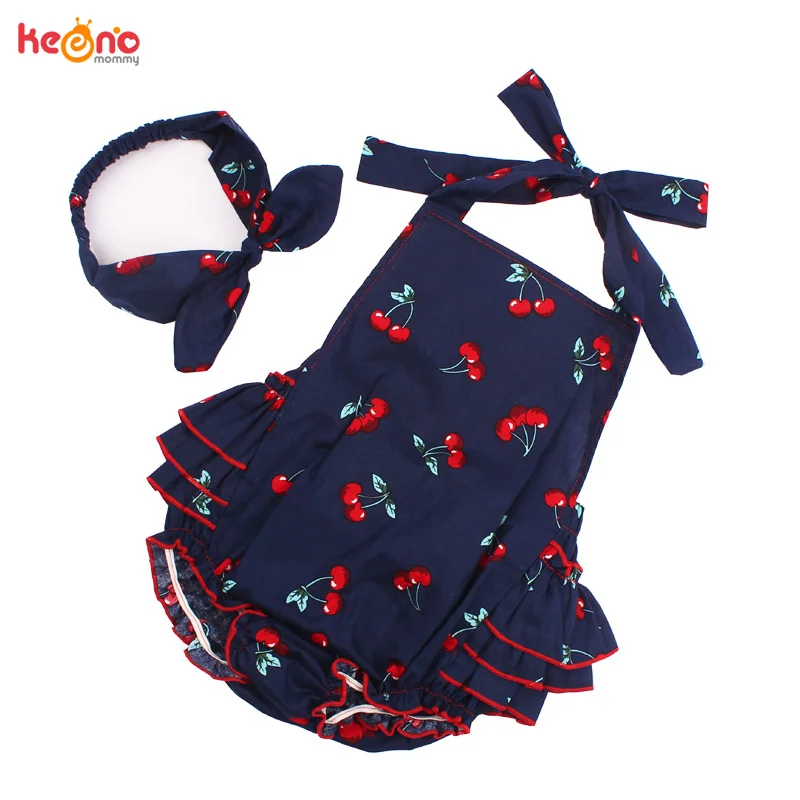 Baby Girl Rompers Set Toddler Cotton Ruffled Romper and Headband Mango Cherry Vintage Children Sunsuit Baby Shower Gift (7)