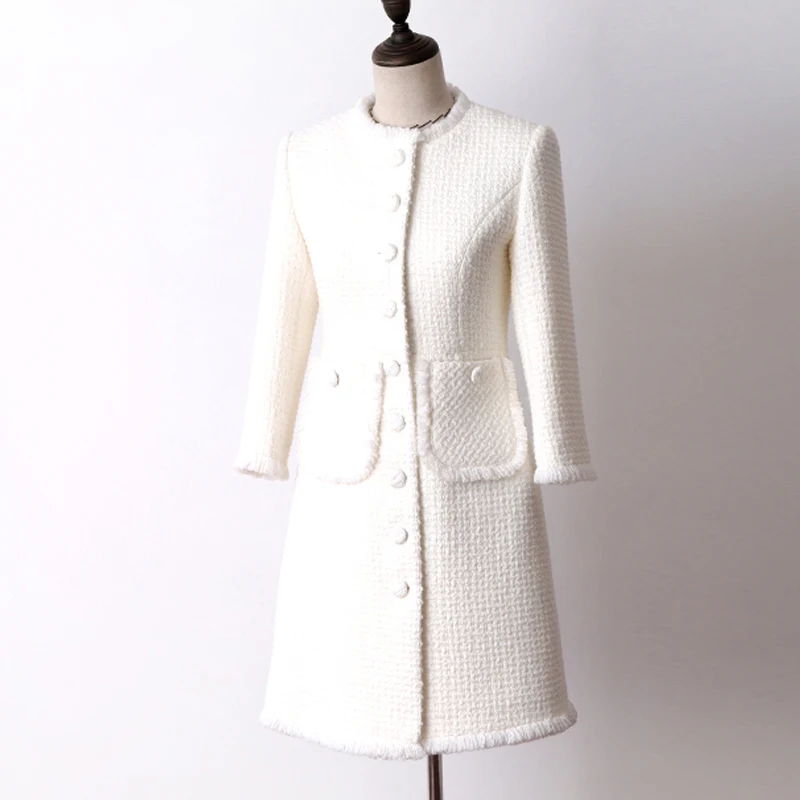 Белый шерстяной твидовый пиджак на длинном участке осенне-зимнего женского