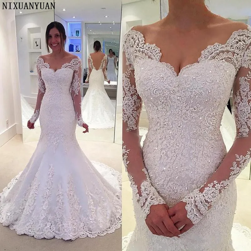 2019 Mermaid Vintage Wedding Dress Applique Lace V Neck Illusion Long Sleeve Bridal Gowns Robe De Mariage
2019 Mermaid Vintage Wedding Dress Applique Lace V Neck Illusion Long Sleeve Bridal Gowns Robe De Mariage