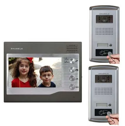 ZHUDELE Home Security Intercom System For 2 Doors 1X7" Video Door Phone Monitor+2XIR HD IR Camera w/t ID Card Unlocking function |