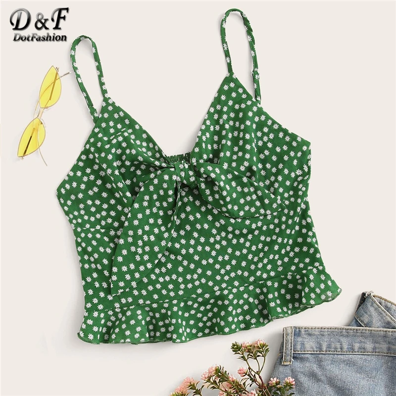 

Dotfashion Green Tie Front Ditsy Floral Ruffle Hem Crop Cami Top 2019 Summer Tops For Women Clothes Vest Boho Slim Fit Camisole