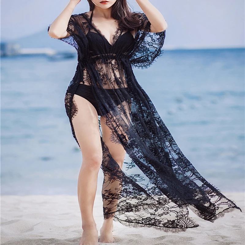 Summer Sexy Hollow Out Black Bikini Cover Up Women Lace Floral Long Maxi Beach Dress High Waist Bathing Suits Cover Up Tops