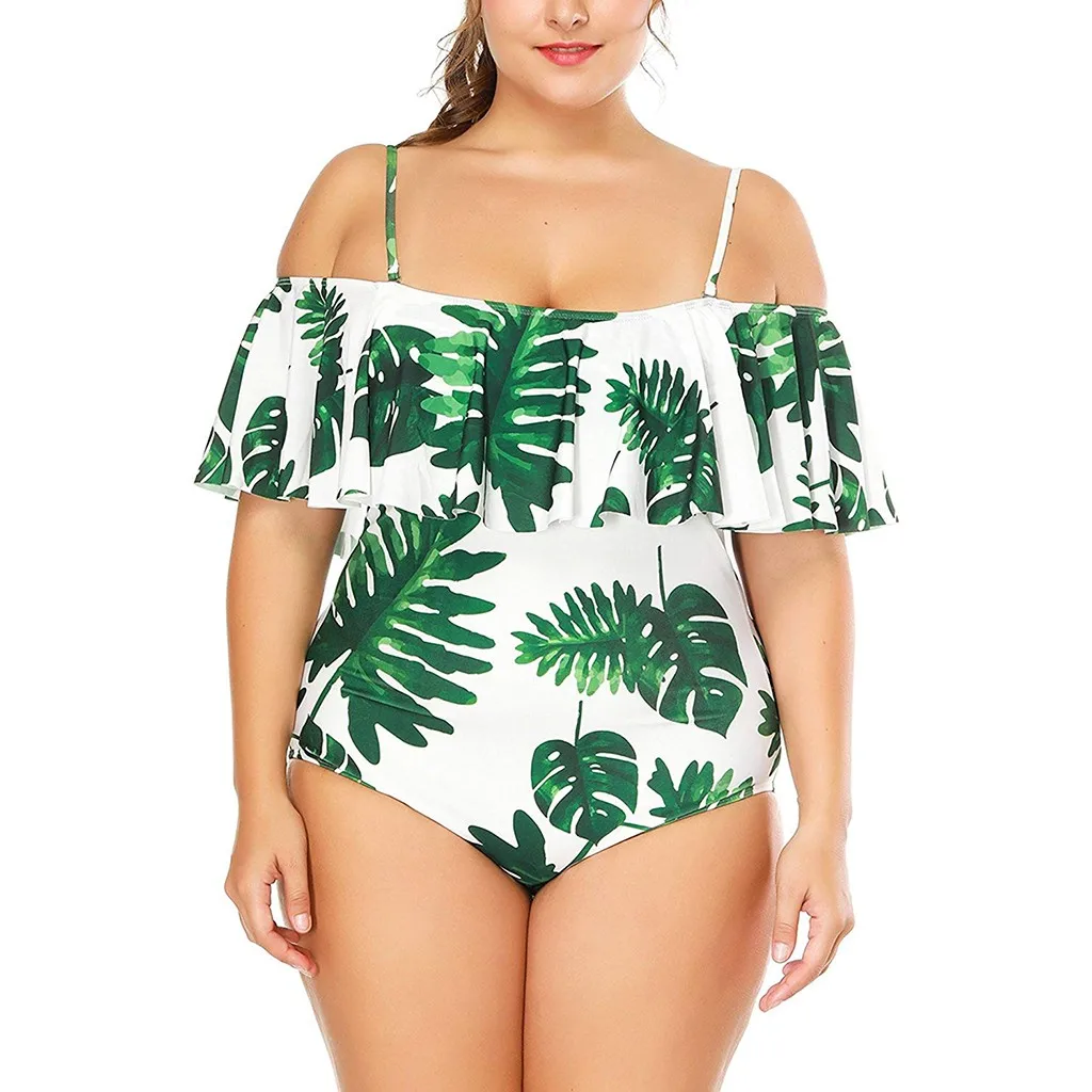 

Palm Leaf Print Ruffle Floral One Piece Swimsuit Plus Size Swimwear Women Sexy Bikini Beach Bathing Suit Monokini Swim Suit