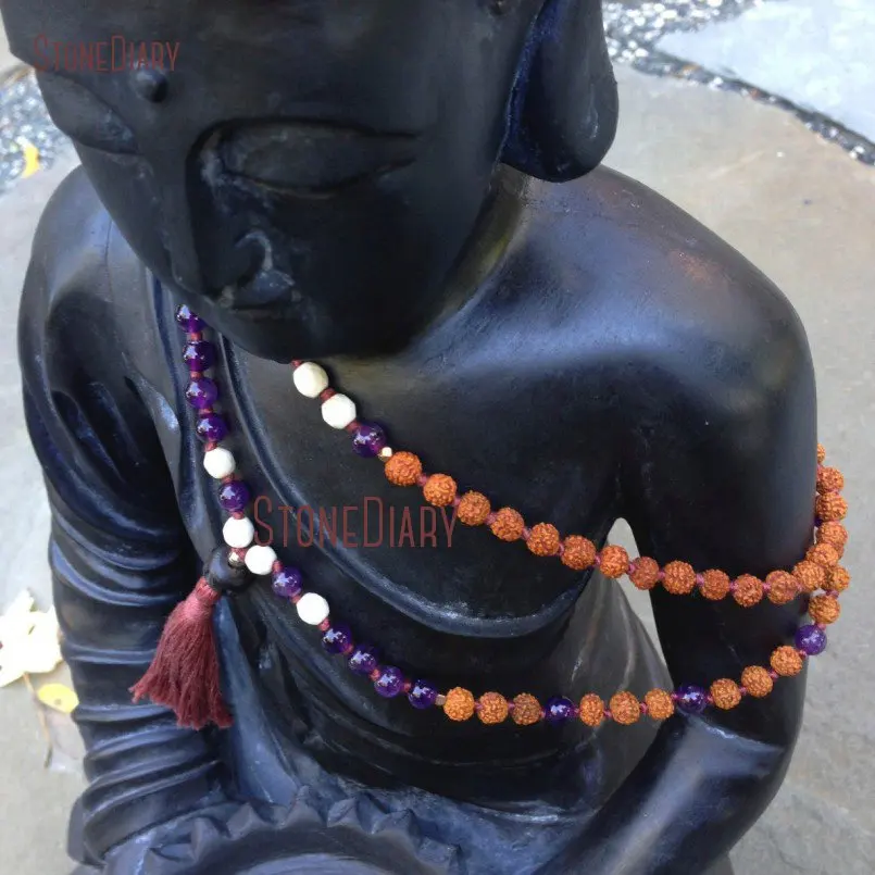 20180312-NM10944-Hand knotted Rudraksha, Amethyst & Howlite 108 Bead Mala spiritual meditation yoga natural purple creativity February gemstone bohemian_2