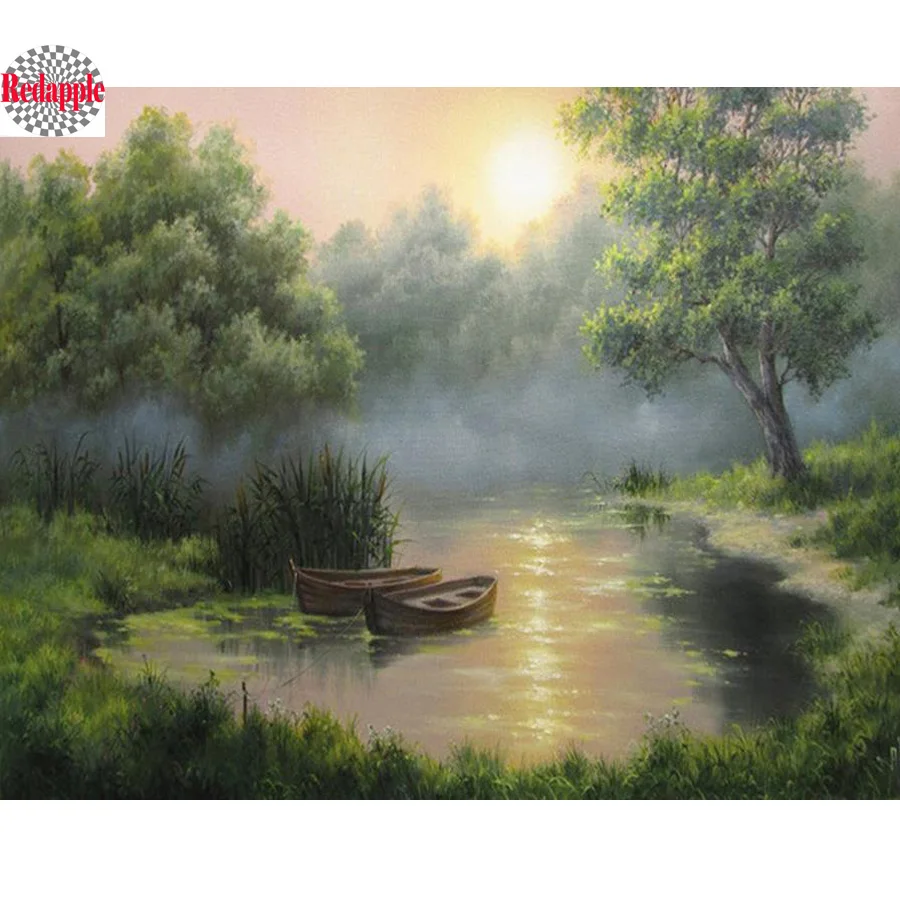 

Diamond painting lake boat picture by numbers landscape sunrise diy diamond embroidery forest drill mosaic rhinestone painting