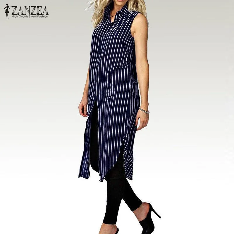 ZANZEA Women 2016 Autumn Stripe Print Dress Ladies Lapel Sleeveless Split Hem Casual Loose Long Shirts Tops Vestidos Oversized
ZANZEA Women 2016 Autumn Stripe Print Dress Ladies Lapel Sleeveless Split Hem Casual Loose Long Shirts Tops Vestidos Oversized