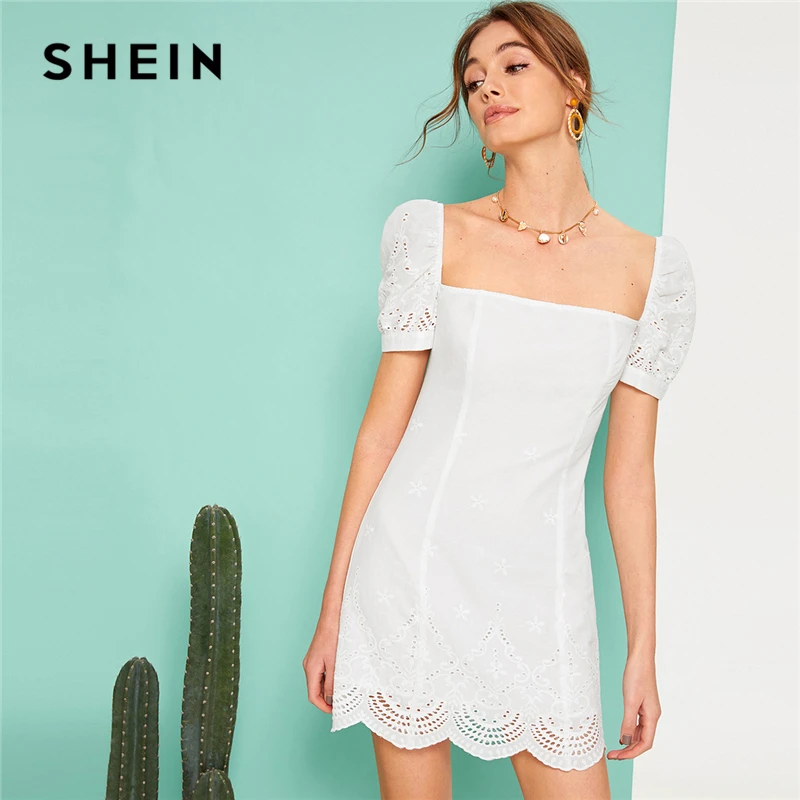 

SHEIN Puff Sleeve Scallop Hem Square Neck Schiffy White Boho Dress Women Eyelet Embroidery Zip Back Short Slim Summer Dresses