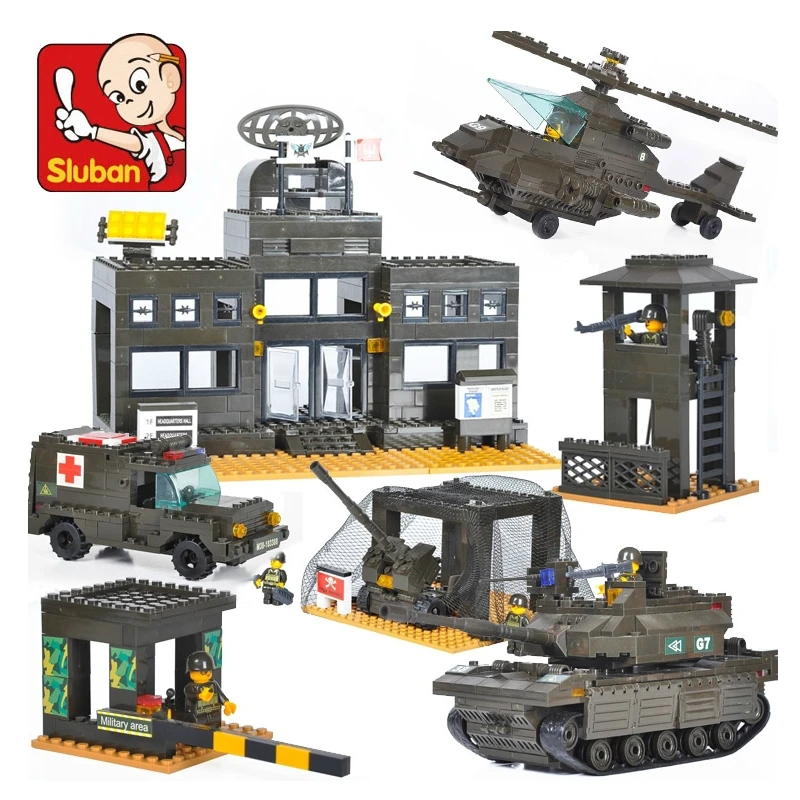 SLUBAN 7100 Army force Headquarters Tank Cannon Plane Truck Model 1086Pcs Building Blocks military War Set Boy toy
SLUBAN 7100 Army force Headquarters Tank Cannon Plane Truck Model 1086Pcs Building Blocks military War Set Boy toy