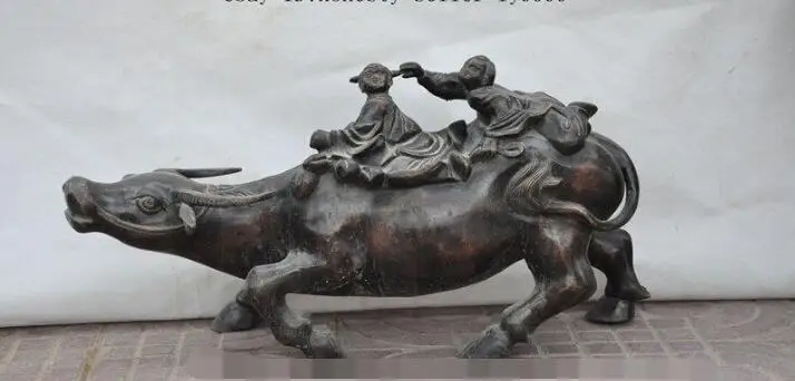 S00087 chinese folk bronze Virgins girl lad boy Dalliance play seat Ox bull oxen statue B0403