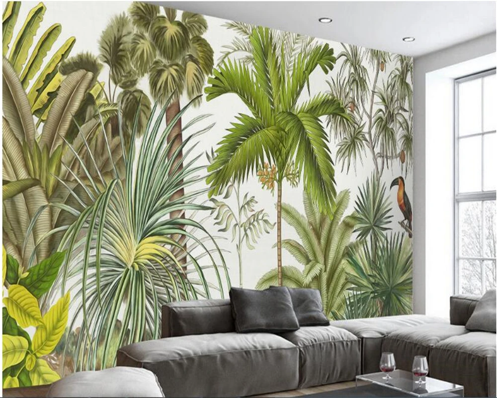 

beibehang Classic Retriever Wallpaper Retro Tropical Rainforest Parrot Palm Leaf Living Room TV Background Wall papel de parede