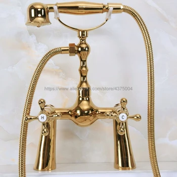 Deck Mounted Polished Gold Color Bathroom Faucet Double Cross Handles With Hand Held Shower Head Shower Faucet Set Nna148
Deck Mounted Polished Gold Color Bathroom Faucet Double Cross Handles With Hand Held Shower Head Shower Faucet Set Nna148