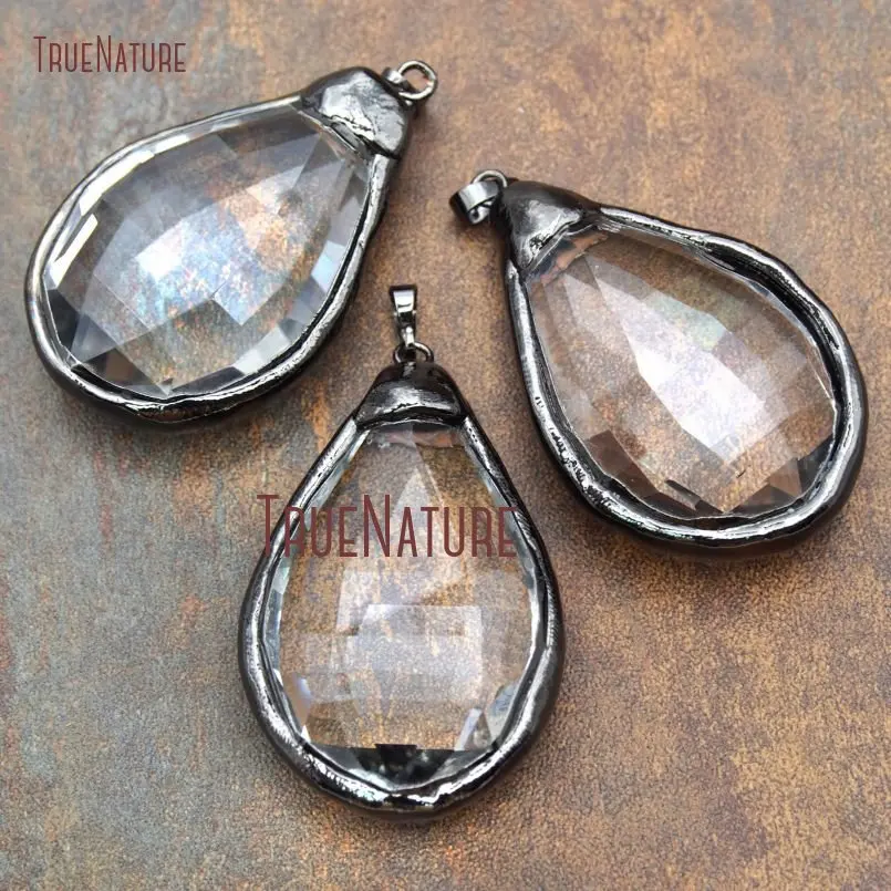 

10Pcs New Realease Glass Crystal Pendant Thickened Gunmetal Plated Faceted Tear Drop Pendant 60x36mm PM13683