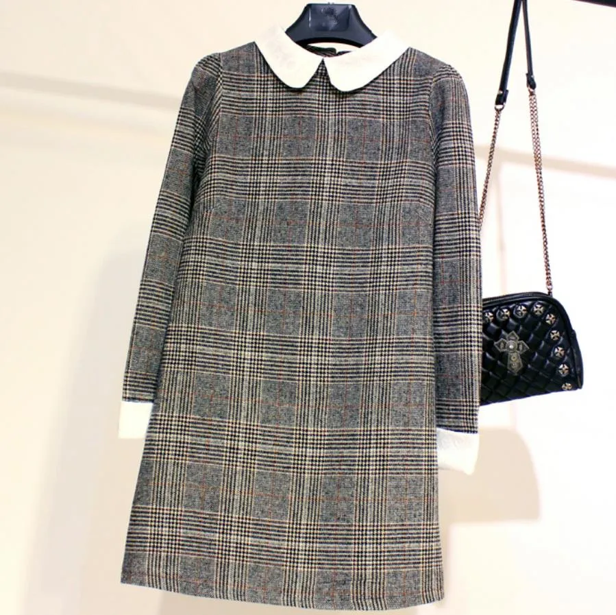 plus size 4XL winter bottoming woolen dress long-sleeved peter pan collar loose a-line plaid | Женская одежда