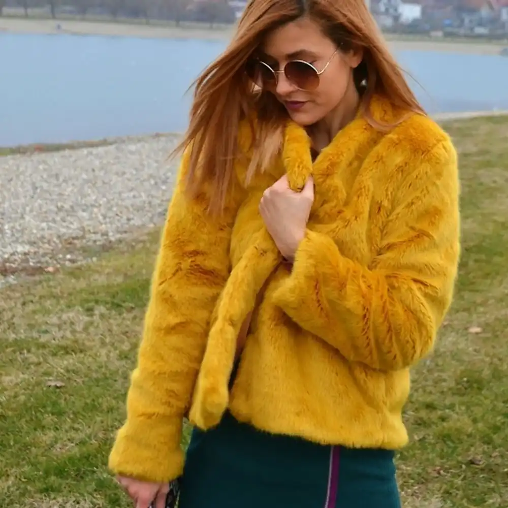 mustard faux fur coat