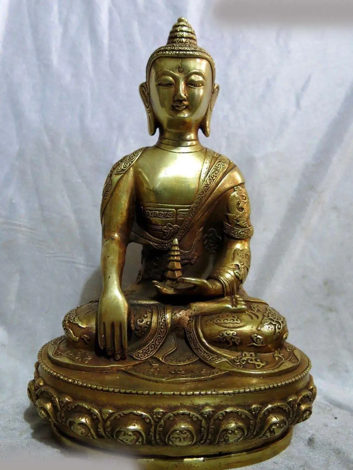 12" China brass carved dragon sculpture copper buddhism Sakyamuni pagoda Statue