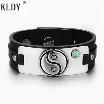 

KLDY Yin Yang Balance Powers Magic Lucky Amulet Tag Green Quartz Gem stone Adjustable Leather Bracelet Stainless Steel Jewelry