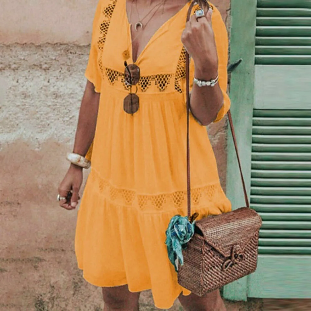 Women Bohemian Dress V Neck Summer Casual Beach Holiday Hollow Short Dress Sundress Zomerjurk Dames Woman Dresses Dropshipping
Women Bohemian Dress V Neck Summer Casual Beach Holiday Hollow Short Dress Sundress Zomerjurk Dames Woman Dresses Dropshipping