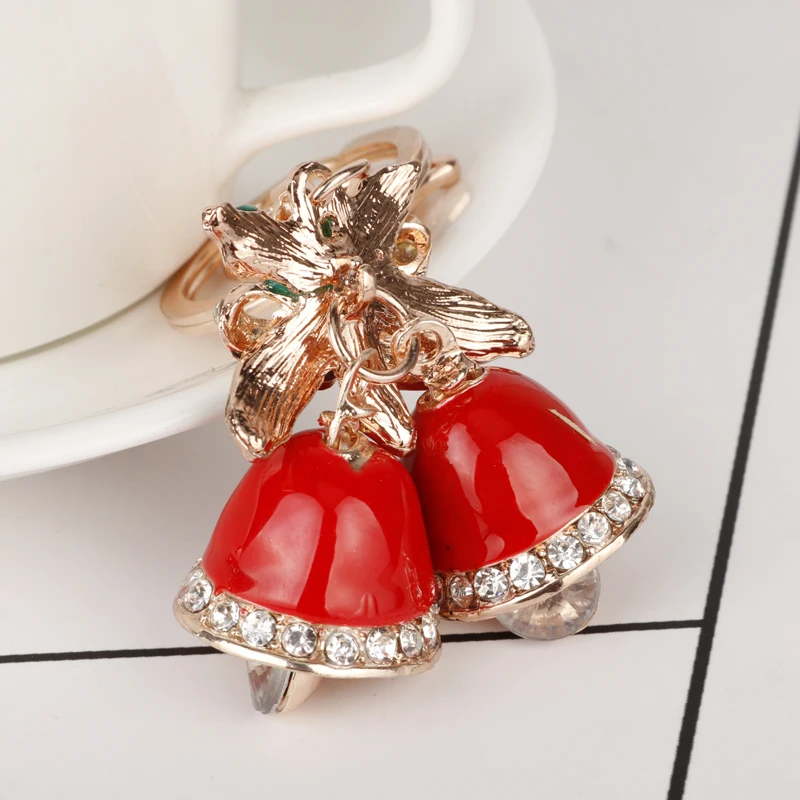Enamel Red Christmas Bell Rhinestone Crystal Alloy Keychain Key Chain Ring Xmas