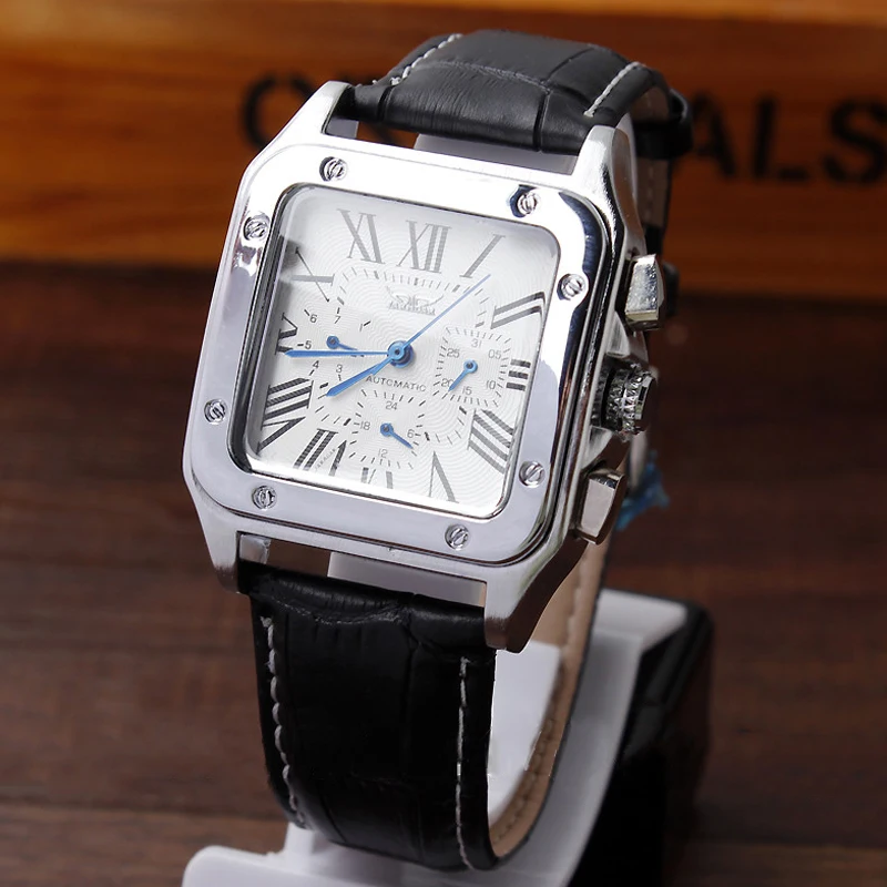 

Mens Fashion Automatic Mechanical Self-Winding Calendar Display Roman Numbers Dial Analog Black Leather Strap Wrist Watch Gifts