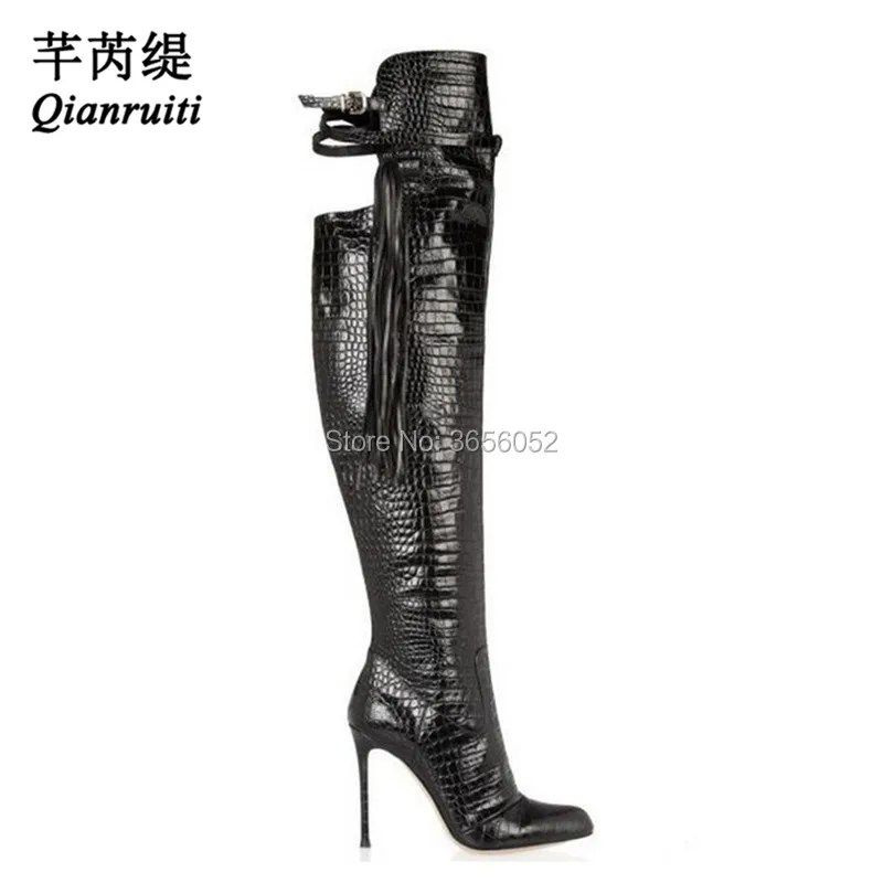 

Qianruiti Alligator Embossed Leather Black Thigh High Booties Pointed Toe Stiletto High Heels Fringed Over The Knee Boots Women