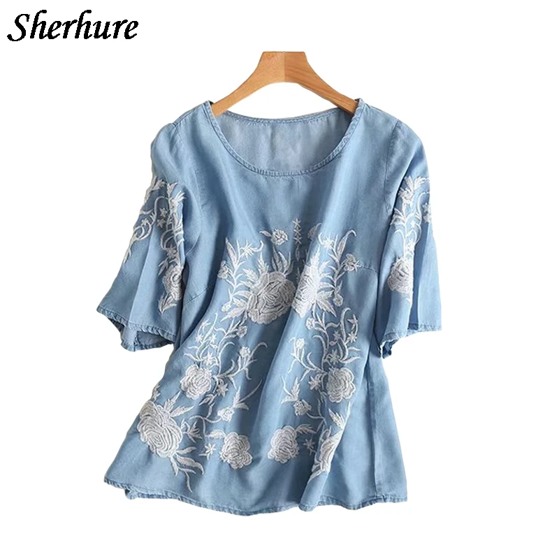 2019 New Summer Women Shirts O-Neck Short Sleeve Embroidery Shirt Cute Women Soft Denim Shirts Blouse Femme Blusa Tops For Women
2019 New Summer Women Shirts O-Neck Short Sleeve Embroidery Shirt Cute Women Soft Denim Shirts Blouse Femme Blusa Tops For Women