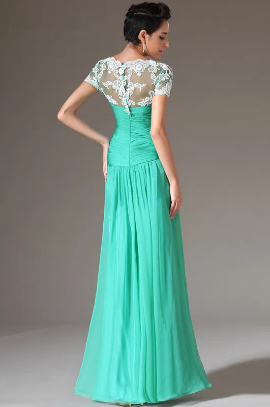 Freeshipping-New-A-Line-Scoop-Neckline-Short-Sleeves-Front-Slit-Formal-Evening-Dress-with-White-Lace