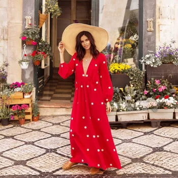Women Long Maxi Dresses Red Bohemia V-neck Long Sleeve Dots Print Ethnic Summer Beach Female Stylish Style Oversize Sundress
Women Long Maxi Dresses Red Bohemia V-neck Long Sleeve Dots Print Ethnic Summer Beach Female Stylish Style Oversize Sundress