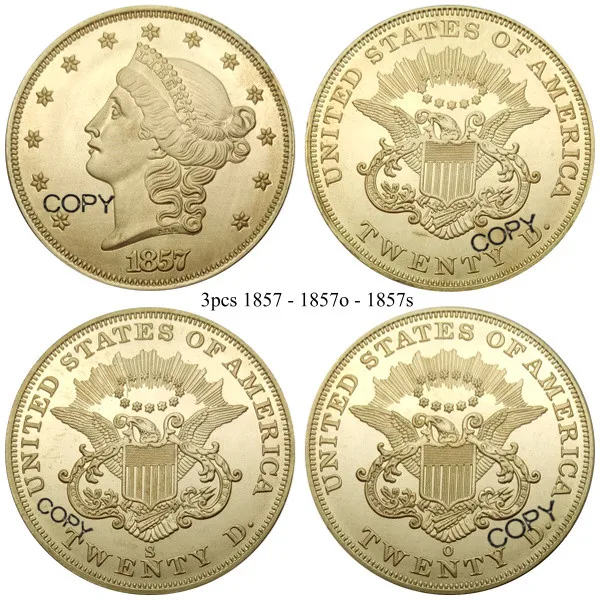 United States 1857 1857 O 1857 S Liberty Head Double Eagle Value Twenty Dollars Brass Metal Copy Coin Commemorative COINS
United States 1857 1857 O 1857 S Liberty Head Double Eagle Value Twenty Dollars Brass Metal Copy Coin Commemorative COINS