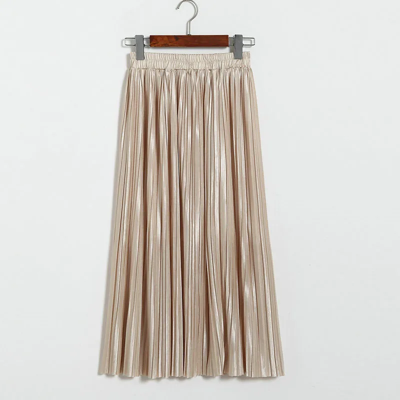 Lustrous pleated skirt metallic mid-length skirt for women of fall 2017 new Korean style joker long skirt (29)