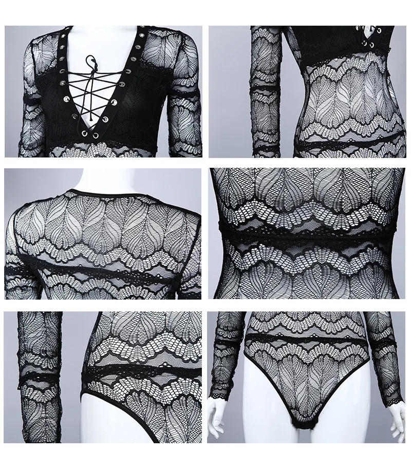 Women Lace-up Deep V transparent lacce bodysuit (15)