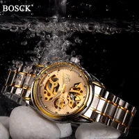 BOSCK Mechanical Watches Men Skeleton Gold Watch Automatic Mechanical Mens Watches Waterproof Self-winding Clock Stainless Steel image