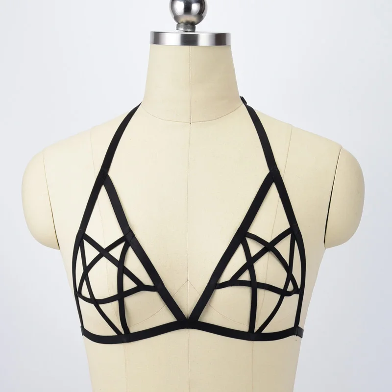 

Black Pentagram Harness Elastic Cupless Bra Open Chest Bondage body cage Lingerie Fetish Wear Body Harness Crop Top harness bra