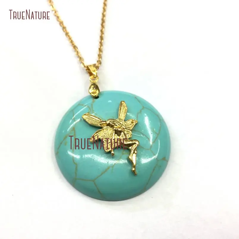 Gold Color Angel Peace Charm Round Turquoises Man Made Stone Simple Design Chains Jewelry In 18 inch NM10421 | Украшения и