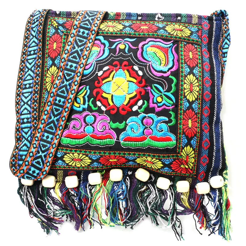 

Fashionable Chinese Hmong Thai Embroidery Linen Zipper Hill Tribe Totes Messenger Tassels Bag Boho Hippie New